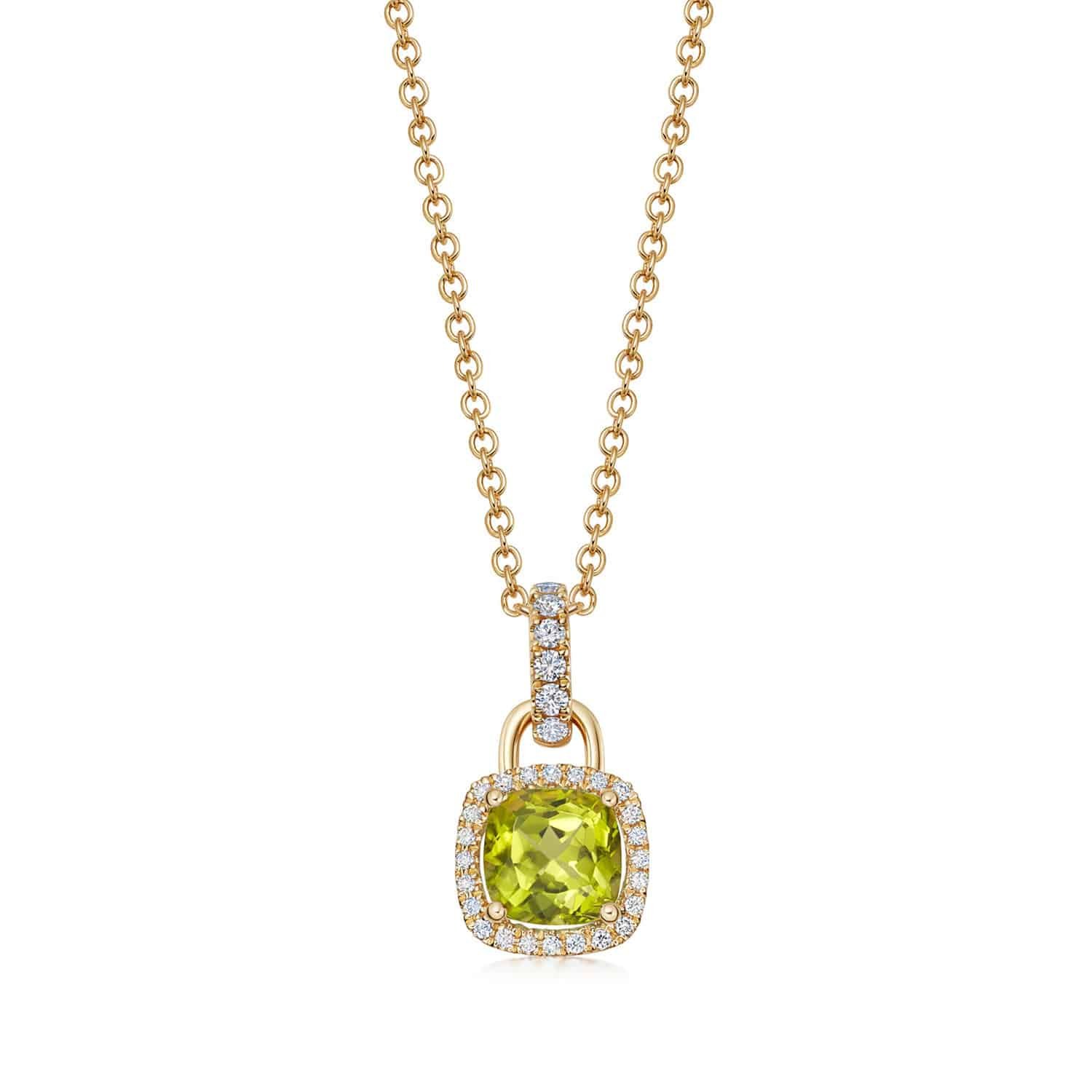18ct Yellow Gold Mini Cushion Peridot & 0.20ct Diamond Halo Pendant 1 18ct Yellow Gold Mini Cushion Peridot & 0.20ct Diamond Halo Pendant