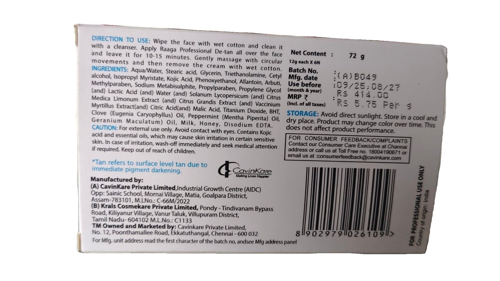 Raaga Professional De-Tan Cream – Tan Removal Cream (72g) - Image 2