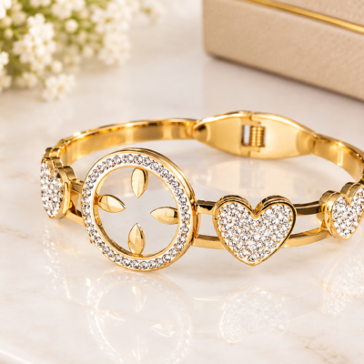 Heart crystal bracelet with floral centerpiece and gold-tone finish